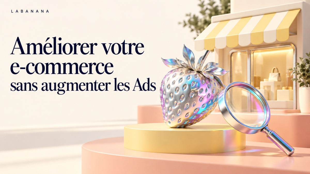 Fraise holographique et loupe devant une boutique miniature crème, jaune et pêche.