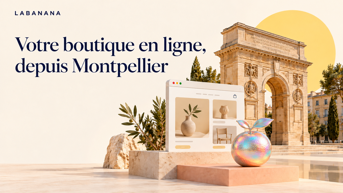 Création de boutique en ligne à Montpellier : vitrine e-commerce devant l’Arc de Triomphe et orange holographique.