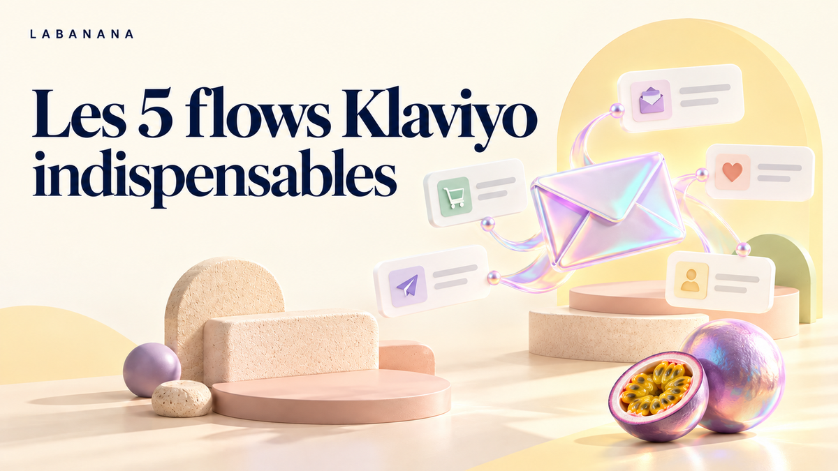 Les 5 flows Klaviyo indispensables : enveloppe reliée à cinq messages et fruit de la passion holographique.