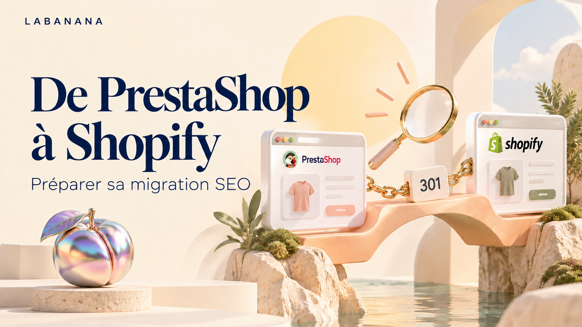 Migration de PrestaShop vers Shopify : deux boutiques reliées par un pont et une redirection 301.