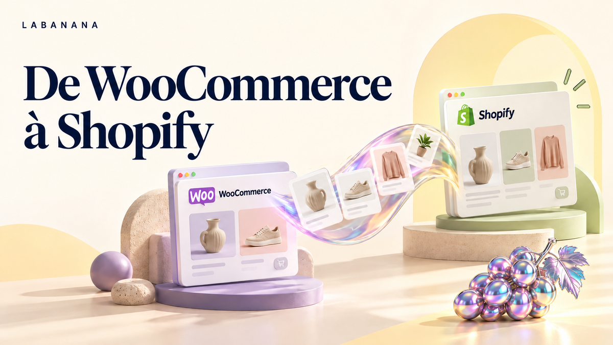 Migration de WooCommerce vers Shopify : transfert de produits entre deux boutiques et grappe de raisins holographique.