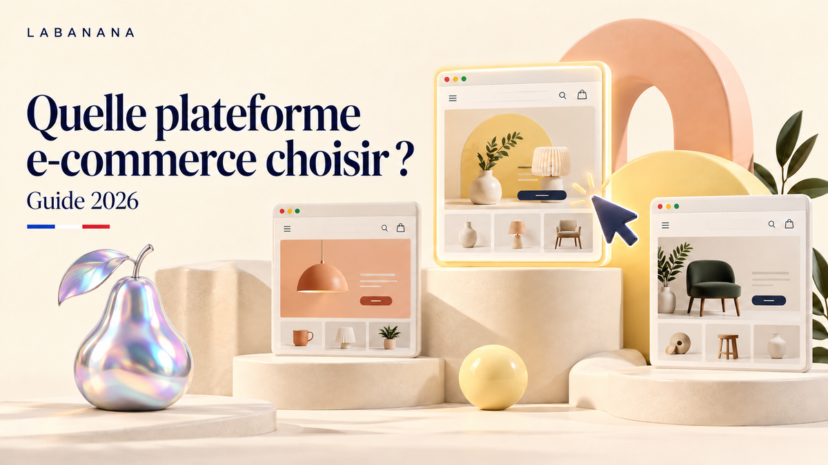 Comparaison de plateformes e-commerce : trois vitrines en ligne accompagnées d’une poire holographique.