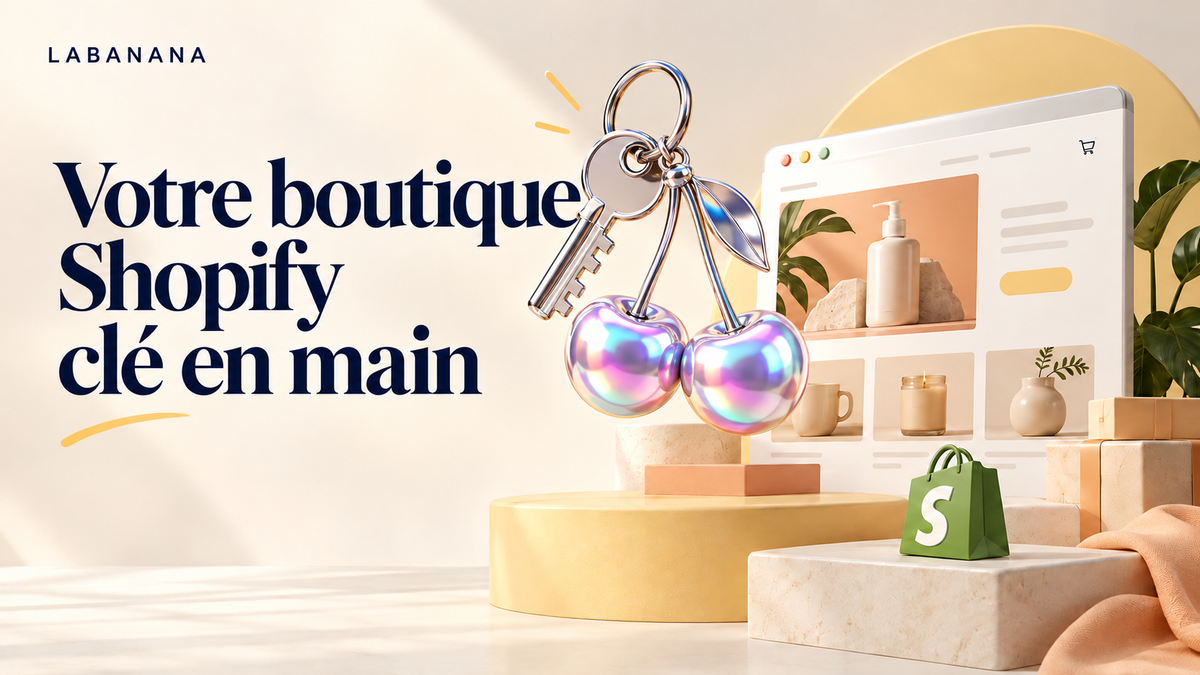 Boutique Shopify clé en main : vitrine en ligne et clé accompagnée de cerises holographiques.