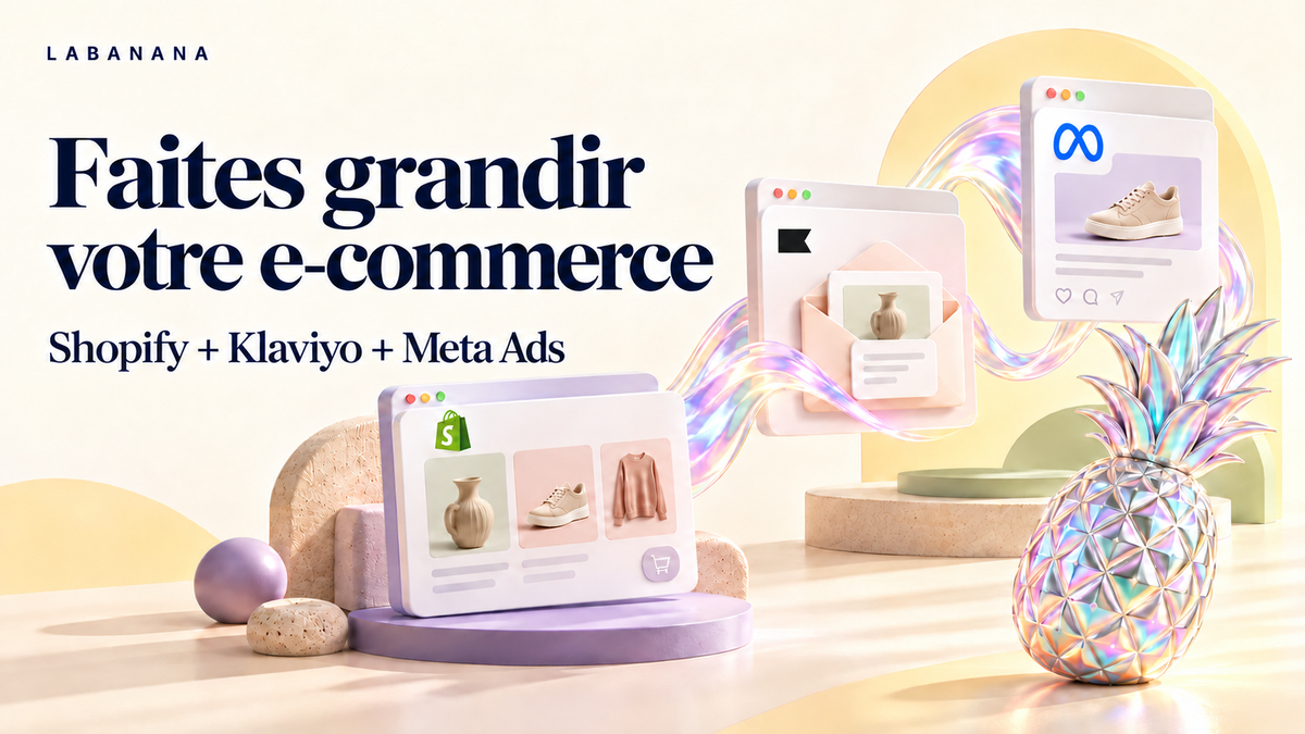 Shopify, Klaviyo et Meta Ads : boutique, email et publicité reliés, avec un ananas holographique.