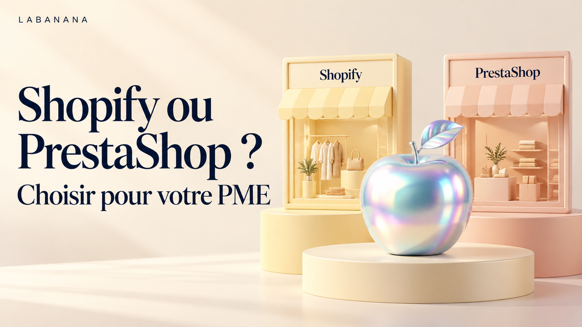 Pomme holographique devant deux boutiques miniatures illustrant le choix Shopify ou PrestaShop.
